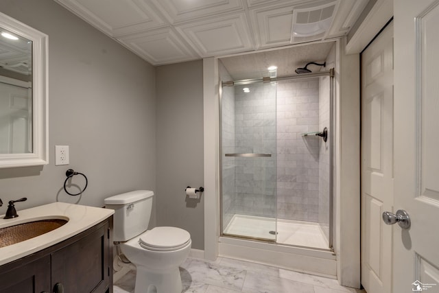 bathroom with a shower stall, visible vents, toilet, vanity, and marble finish floor
