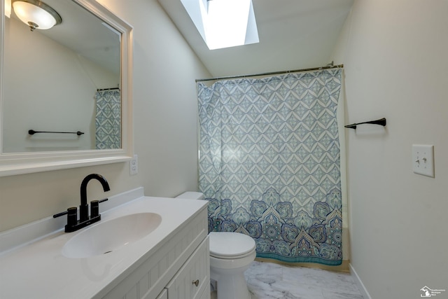 full bath featuring marble finish floor, toilet, a shower with curtain, and vanity