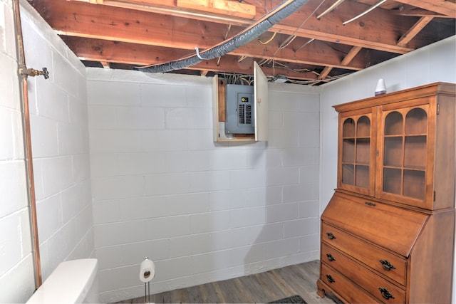 unfinished below grade area featuring wood finished floors and electric panel