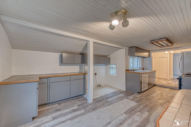 kitchen with gray cabinetry, light wood-style flooring, fridge, and a sink