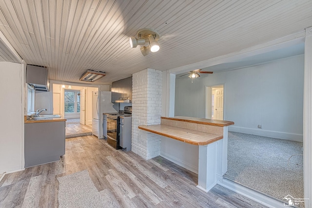 kitchen with wood ceiling, electric range, light wood finished floors, a sink, and a peninsula