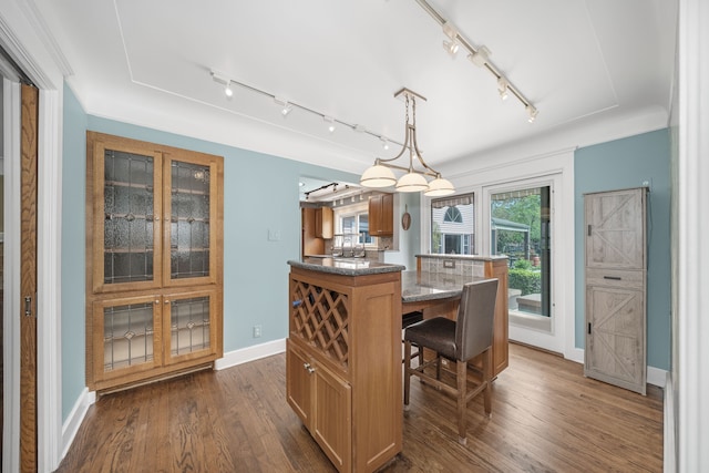 dining area with rail lighting, baseboards, and dark wood-type flooring