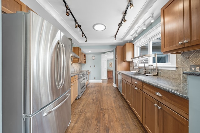 kitchen featuring brown cabinetry, rail lighting, ventilation hood, and stainless steel appliances