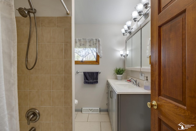 bathroom with visible vents, toilet, shower / bath combination with curtain, tile patterned floors, and vanity