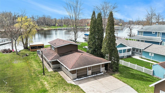 drone / aerial view featuring a water view