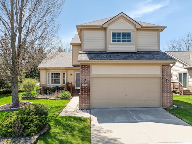 30701 Sandalwood Cir, Novi, MI 48377 - traditional home with brick siding, a front lawn, concrete driveway, and an attached garage