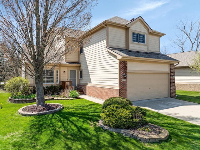 30701 Sandalwood Cir, Novi, MI 48377 - traditional home featuring a front yard, brick siding, roof with shingles, concrete driveway, and an attached garage