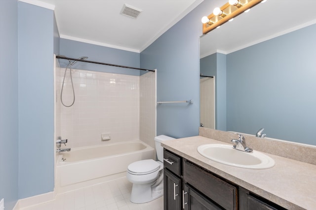 30701 Sandalwood Cir, Novi, MI 48377 - bathroom with visible vents, toilet, ornamental molding, shower / washtub combination, and vanity