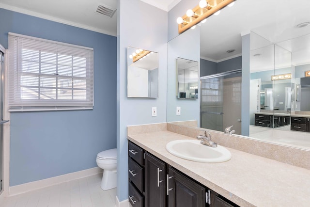 30701 Sandalwood Cir, Novi, MI 48377 - full bath with a shower stall, crown molding, visible vents, baseboards, and toilet