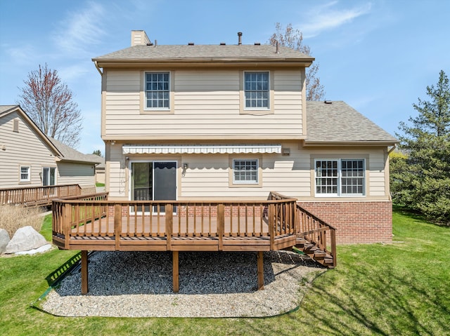 30701 Sandalwood Cir, Novi, MI 48377 - rear view of property featuring a lawn, a wooden deck, brick siding, and a chimney