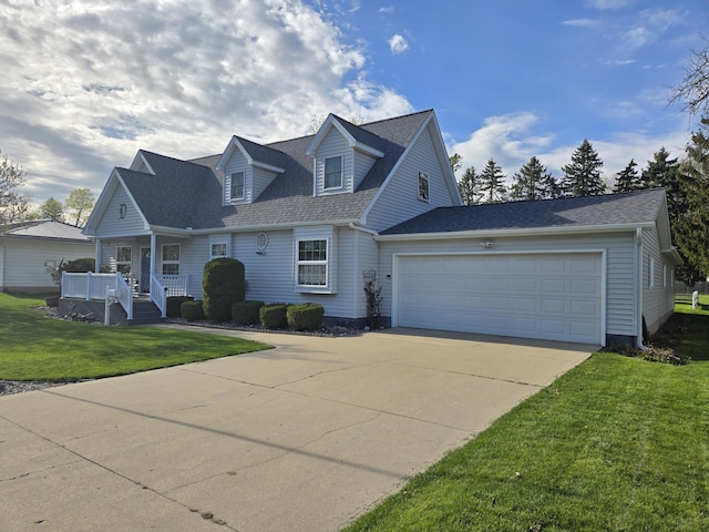 609 1st St, Lake Odessa, MI 48849 - new england style home with driveway, roof with shingles, a front yard, an attached garage, and a porch