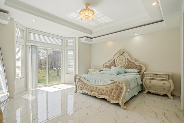 bedroom with recessed lighting, a raised ceiling, crown molding, marble finish floor, and access to exterior