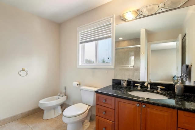 full bath featuring vanity, toilet, a stall shower, tile patterned flooring, and a bidet