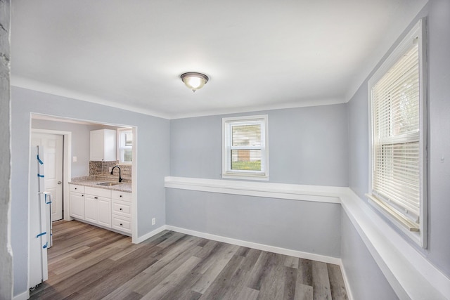 interior space featuring baseboards, light wood-style flooring, and a sink