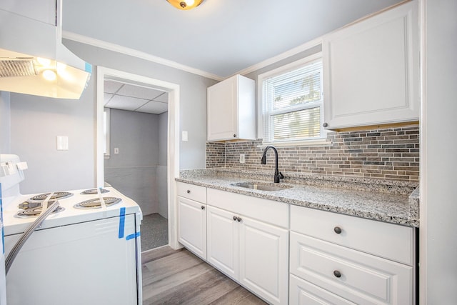 kitchen with electric stove, a sink, white cabinets, and decorative backsplash