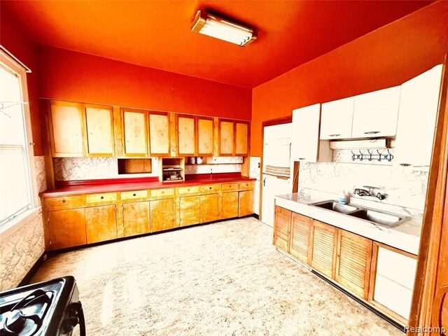 kitchen with a sink, decorative backsplash, and stove