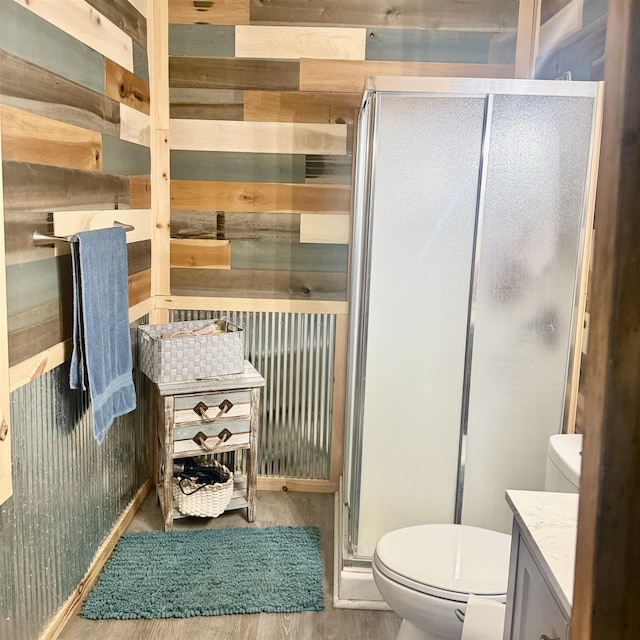 7850 Marsh Rd, Marine City, MI 48039 - full bathroom with toilet, a shower stall, wood walls, and vanity