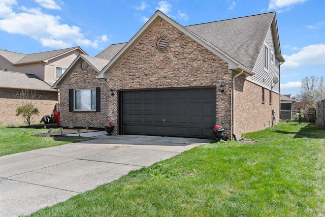 25820 Lord Dr, Chesterfield, MI 48051 - view of front of home with brick siding, a shingled roof, a garage, driveway, and a front lawn