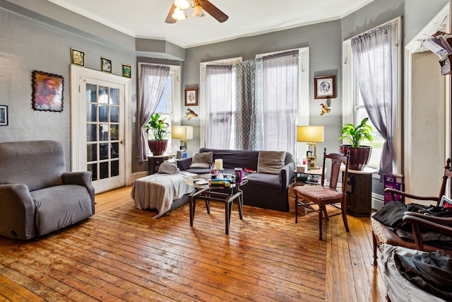 2602 Gratiot Ave, Port Huron, MI 48060 - living area with hardwood / wood-style floors, a ceiling fan, crown molding, and a wealth of natural light