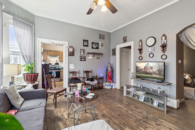 2602 Gratiot Ave, Port Huron, MI 48060 - living room featuring visible vents, ceiling fan, crown molding, and wood-type flooring