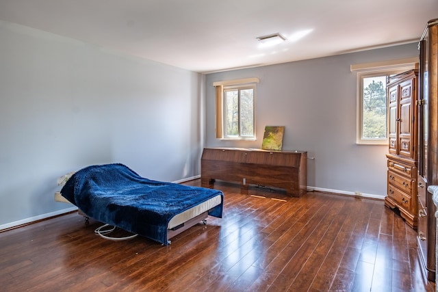 bedroom with baseboards, multiple windows, and hardwood / wood-style flooring