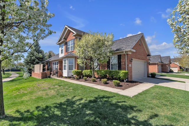 traditional-style home featuring driveway, a front lawn, and brick siding