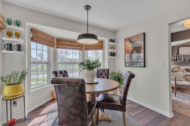 dining room with plenty of natural light, baseboards, and dark wood-type flooring