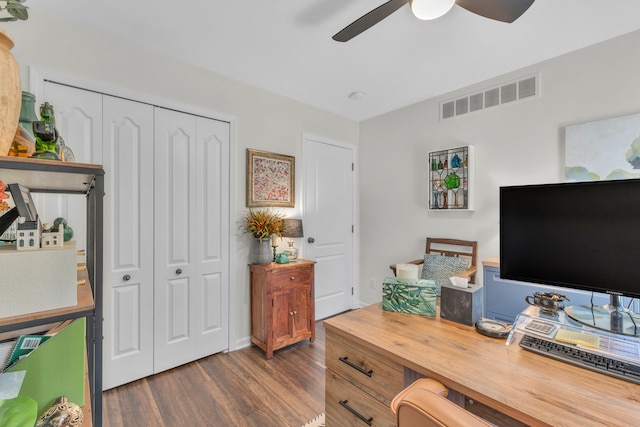 office with a ceiling fan, visible vents, and dark wood finished floors