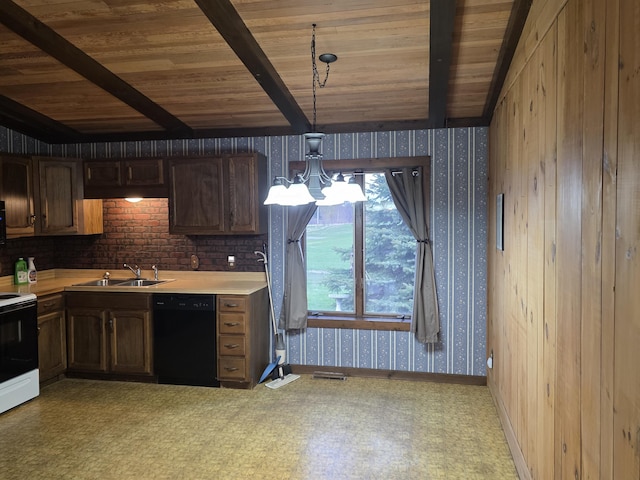 kitchen with black dishwasher, beamed ceiling, a sink, and wooden ceiling