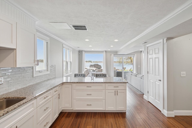 kitchen with crown molding, white cabinets, a peninsula, and visible vents