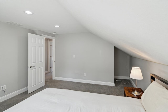 carpeted bedroom with baseboards, vaulted ceiling, and recessed lighting