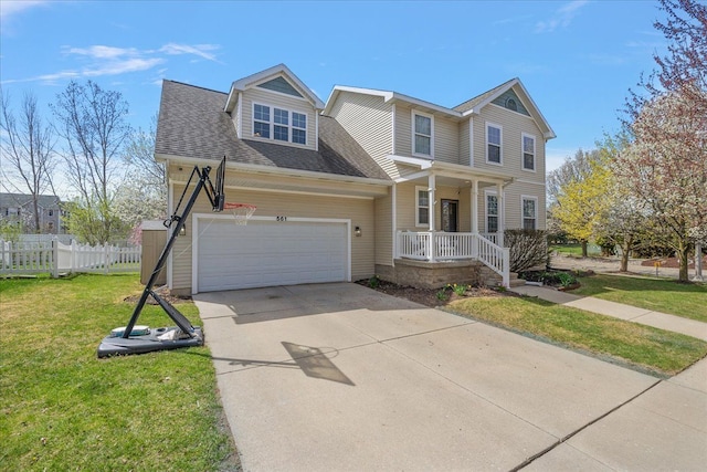 view of front facade with concrete driveway, an attached garage, fence, a porch, and a front lawn