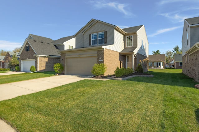 traditional home with brick siding, a front yard, concrete driveway, and an attached garage