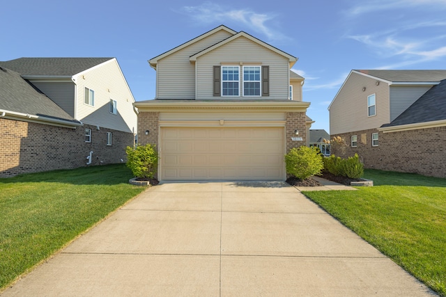 traditional-style home featuring a garage, brick siding, driveway, and a front yard