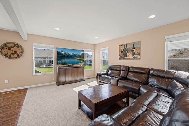 living area featuring a wealth of natural light, wood finished floors, recessed lighting, and baseboards
