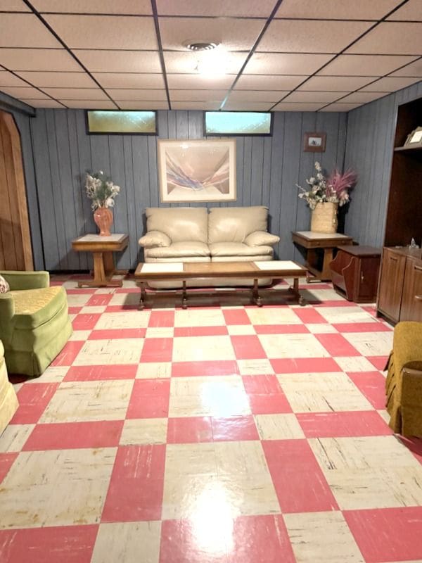 18337 Greenwald Dr, Southfield, MI 48075 - interior space with wooden walls, tile patterned floors, and a drop ceiling