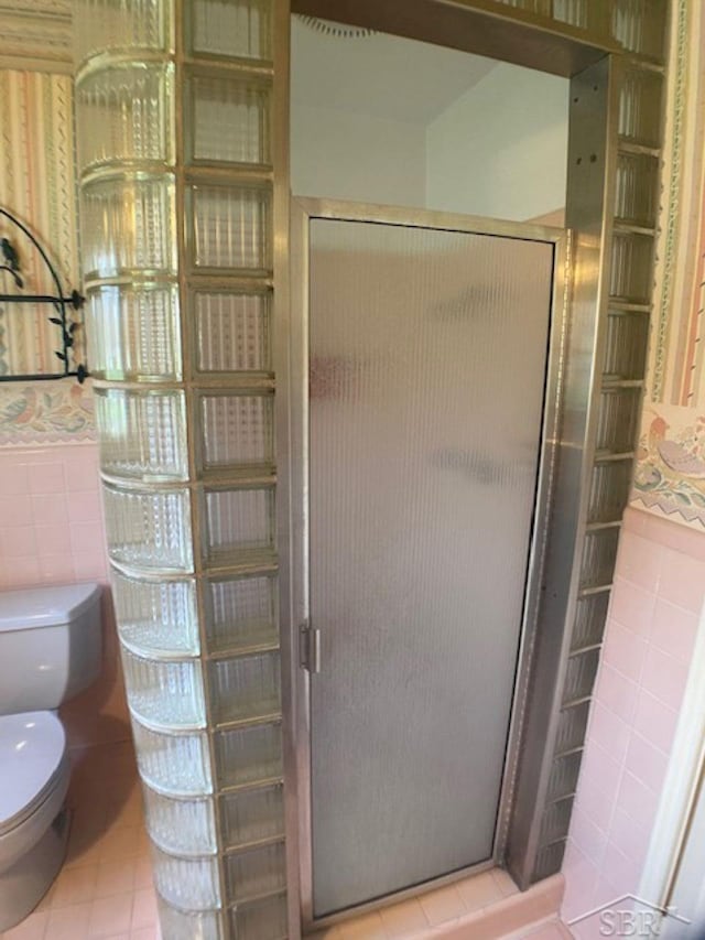 68 Davis Dr, Saginaw, MI 48602 - full bath featuring tile walls, a shower stall, tile patterned floors, toilet, and wainscoting