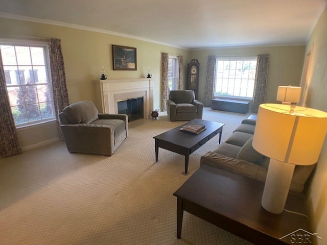 68 Davis Dr, Saginaw, MI 48602 - living room with baseboards, ornamental molding, a fireplace with flush hearth, and carpet