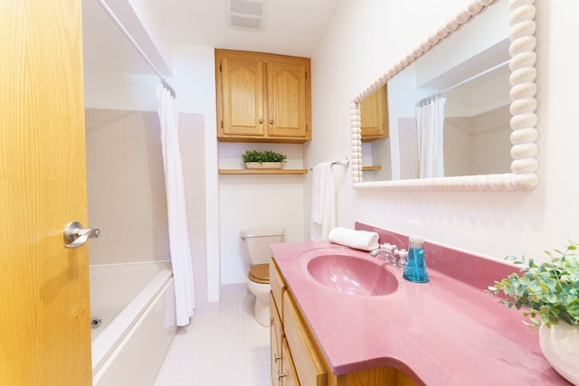 full bath with tile patterned flooring, visible vents, vanity, toilet, and shower / tub combo