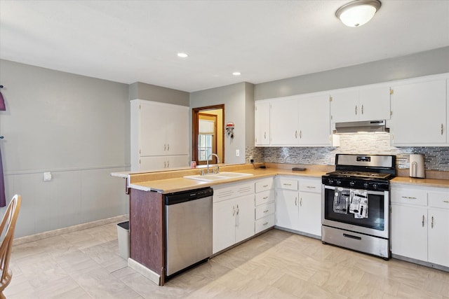 701 N Saginaw St, Durand, MI 48429 - kitchen with appliances with stainless steel finishes, tasteful backsplash, a sink, light countertops, and under cabinet range hood