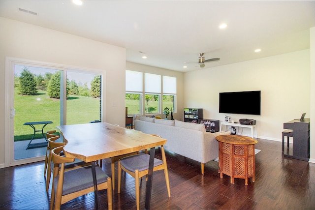 dining area featuring recessed lighting, dark wood-style flooring, a ceiling fan, visible vents, and baseboards
