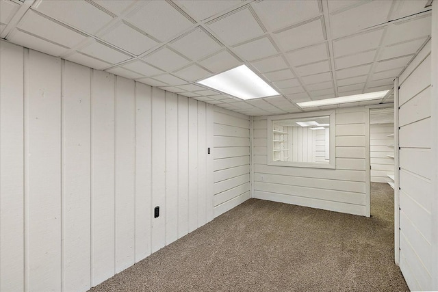 below grade area with dark carpet and wooden walls