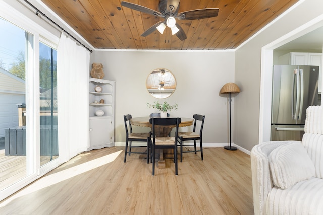 dining room with wood ceiling, baseboards, ceiling fan, and light wood-style floors