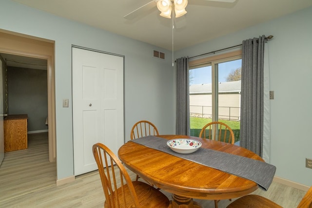 dining room with ceiling fan, visible vents, light wood-type flooring, and baseboards