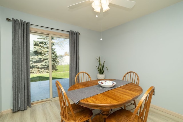 dining area with baseboards, ceiling fan, and light wood-style floors