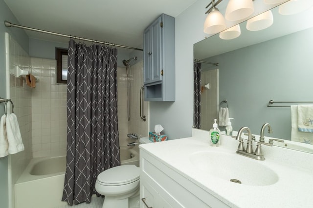 full bath featuring vanity, toilet, and shower / tub combo with curtain