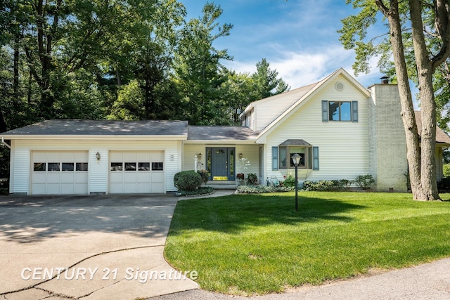 33 Ferro St, Sanford, MI 48657 - traditional-style home with a garage, a chimney, a front yard, and concrete driveway