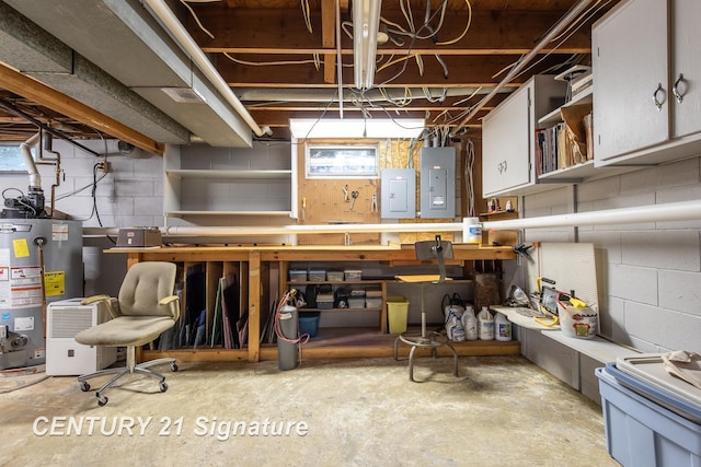 33 Ferro St, Sanford, MI 48657 - below grade area with gas water heater, a workshop area, and electric panel