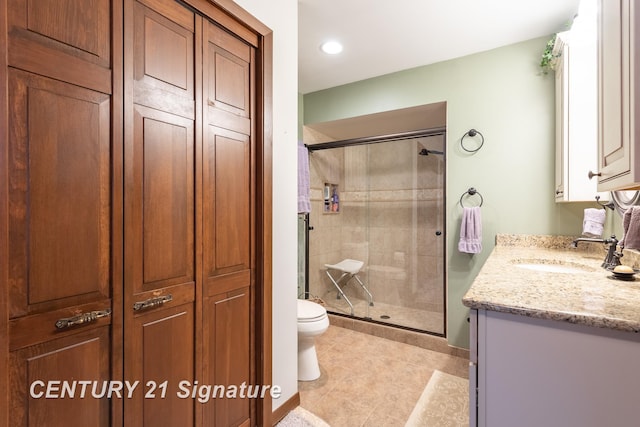 33 Ferro St, Sanford, MI 48657 - full bath with recessed lighting, tile patterned flooring, a shower stall, toilet, and vanity