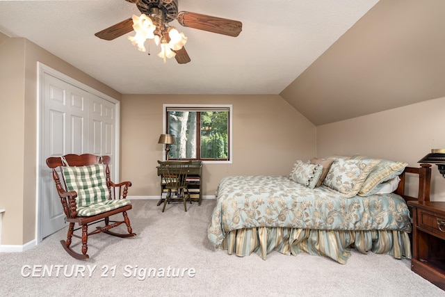 33 Ferro St, Sanford, MI 48657 - bedroom with lofted ceiling, ceiling fan, carpet flooring, and baseboards